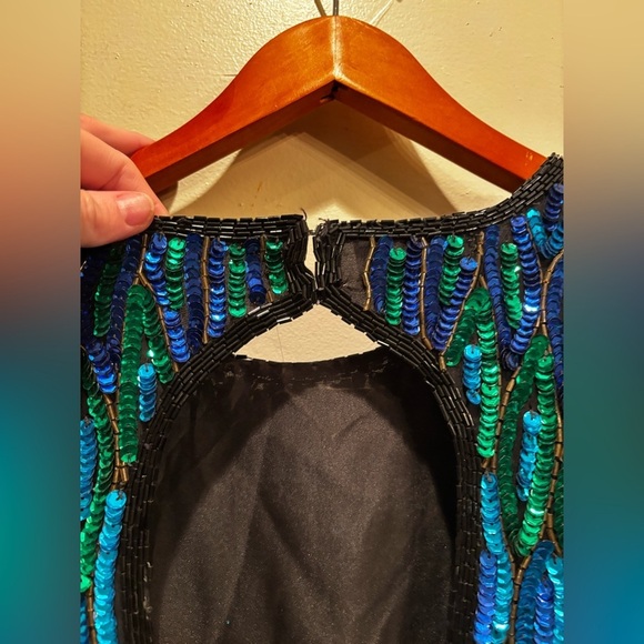 Vintage 100% silk beaded Elegant Black and Blue Sequin Dress stenay size 8 - Picture 10 of 16